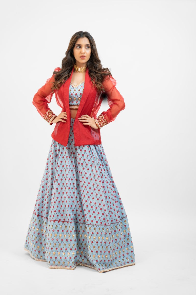 Powder blue printed lehenga set with Jacket