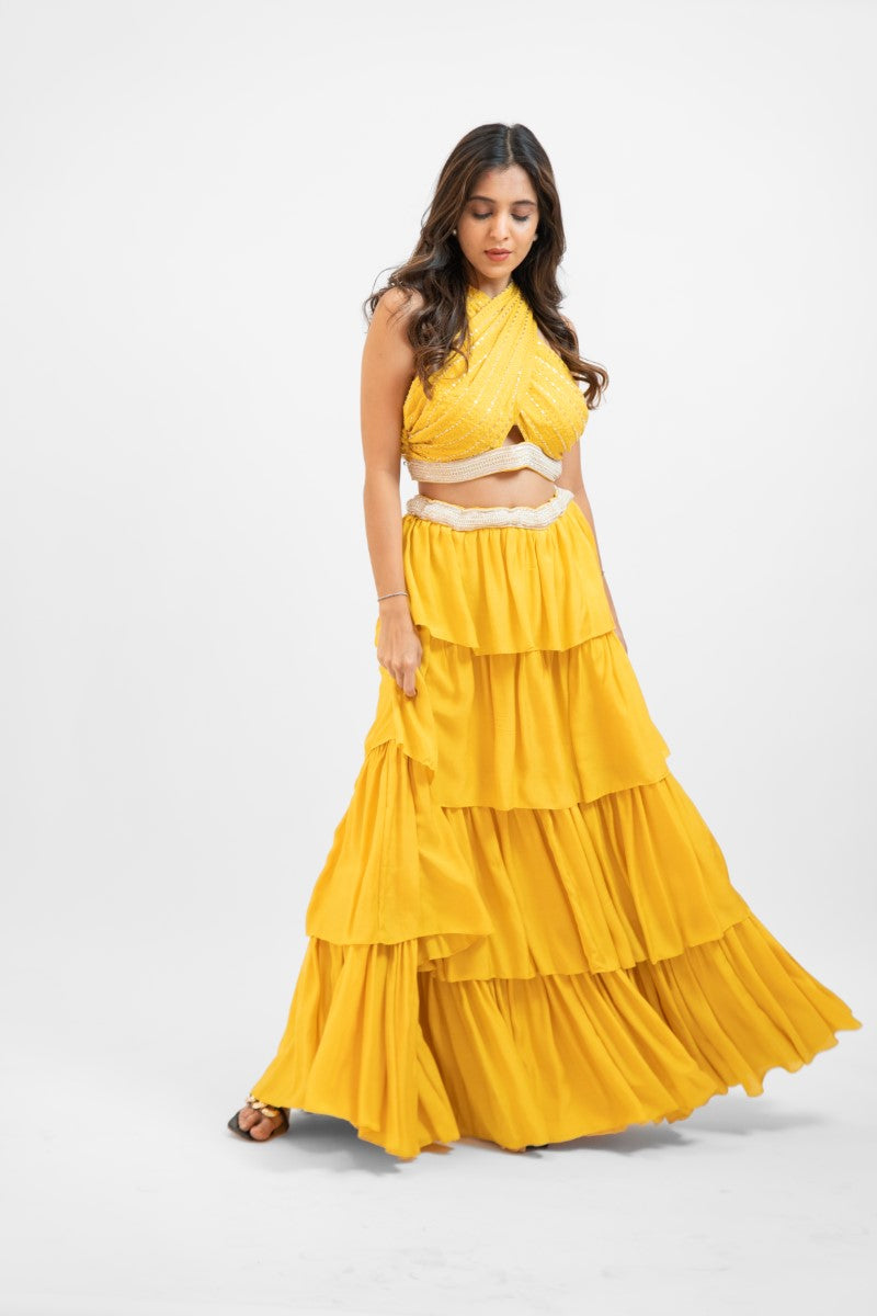 chinese dress ladies Yellow overlap crop top with layered skirt