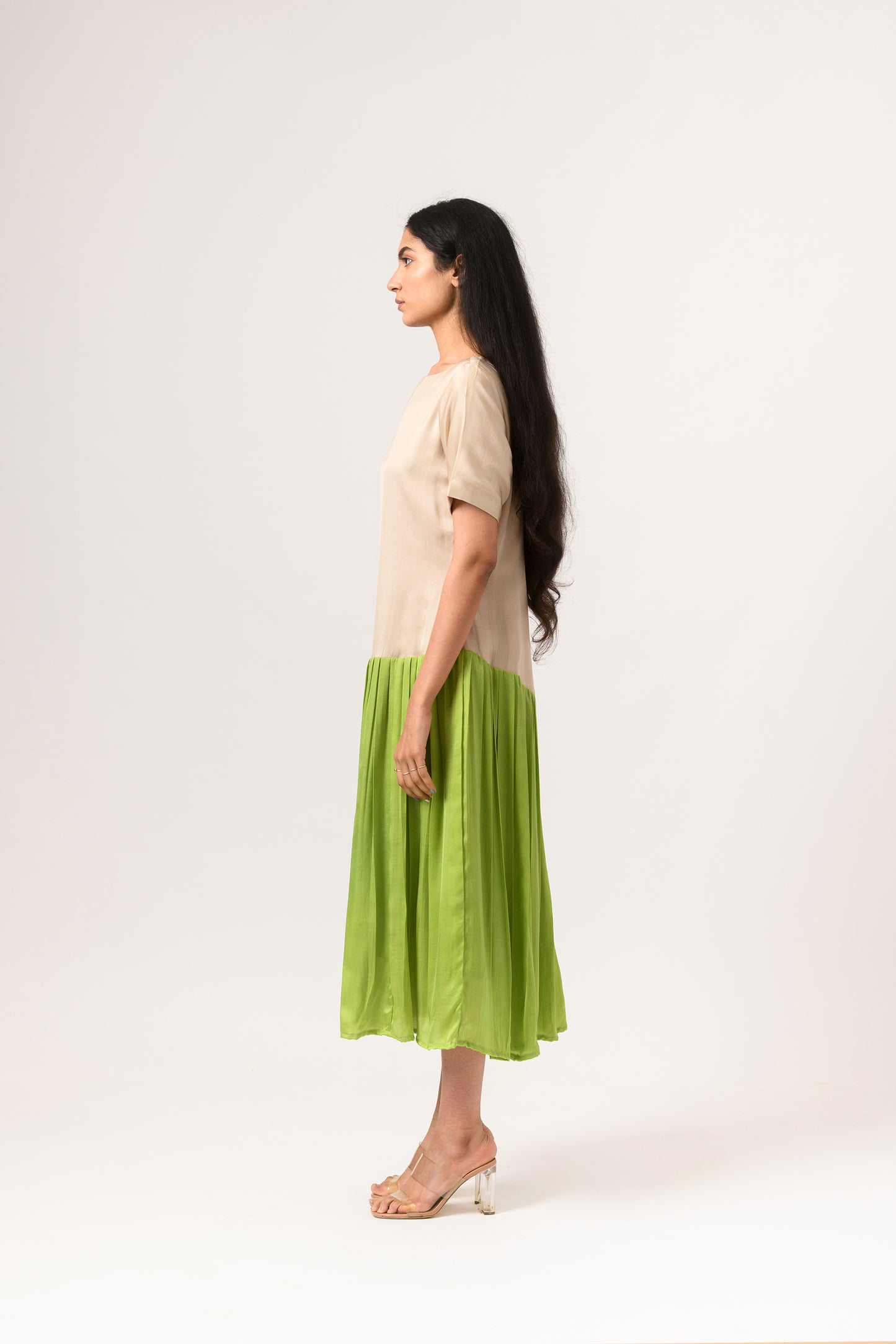 Ecru-Green Gather Dress