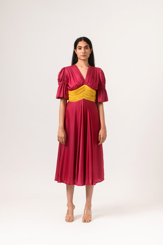 Wine-Yellow Rouching Dress