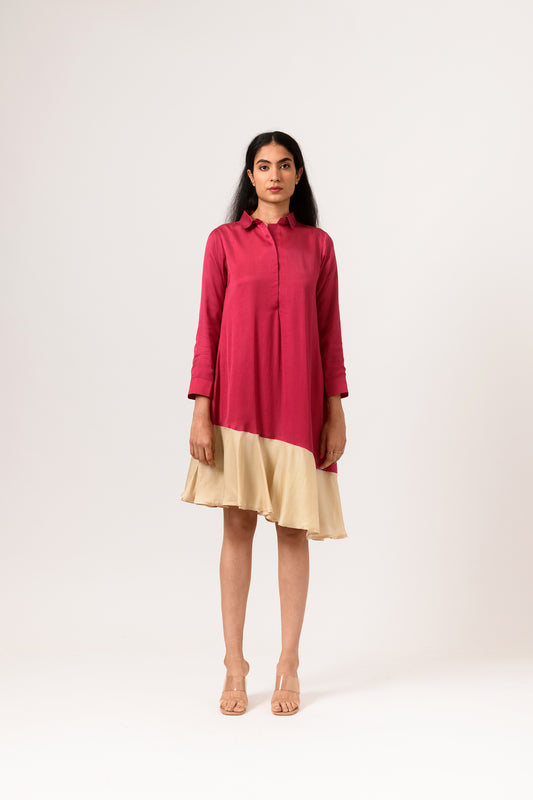 Wine-Ecru Asymmetrical Dress