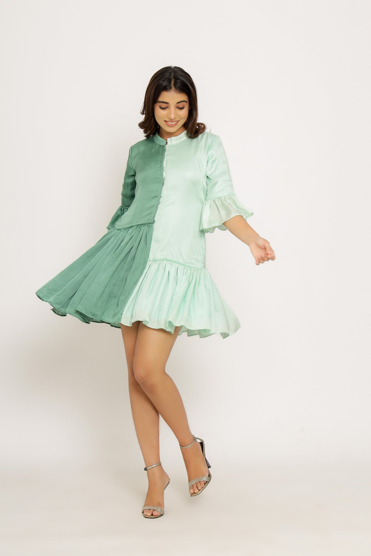 Teal-Tea Green Half & Half Dress