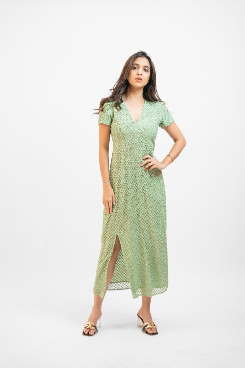 Green crochet slit dress