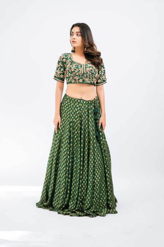 Bottle green brocade lehenga set