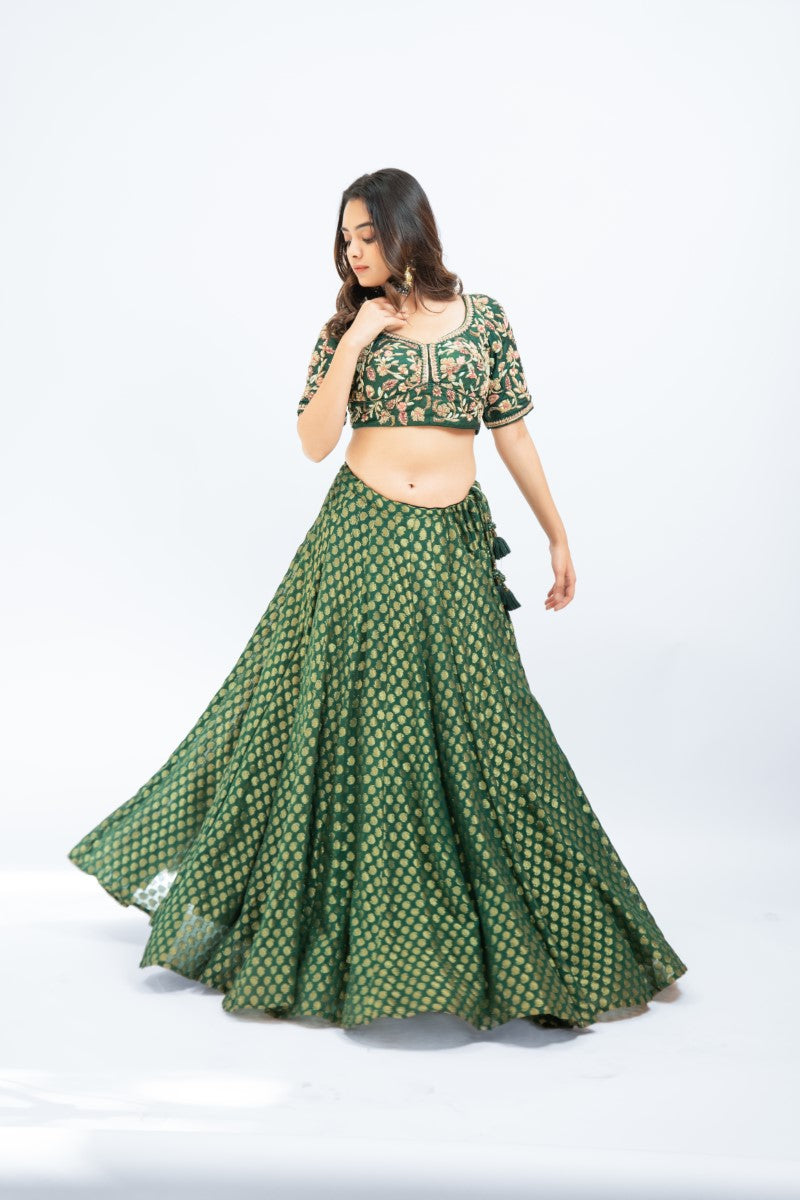 Bottle green brocade lehenga set