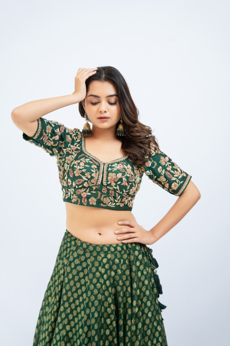 Bottle green brocade lehenga set