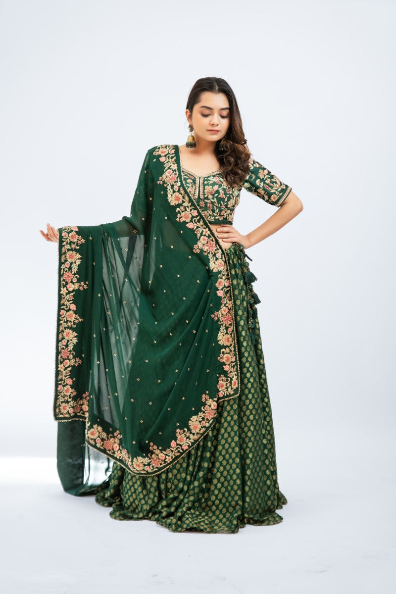 Bottle green brocade lehenga set