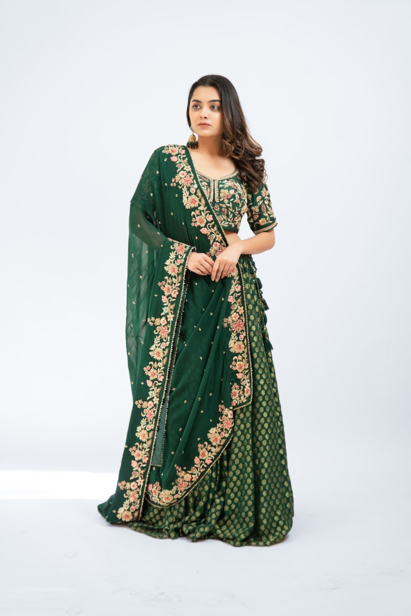 Bottle green brocade lehenga set