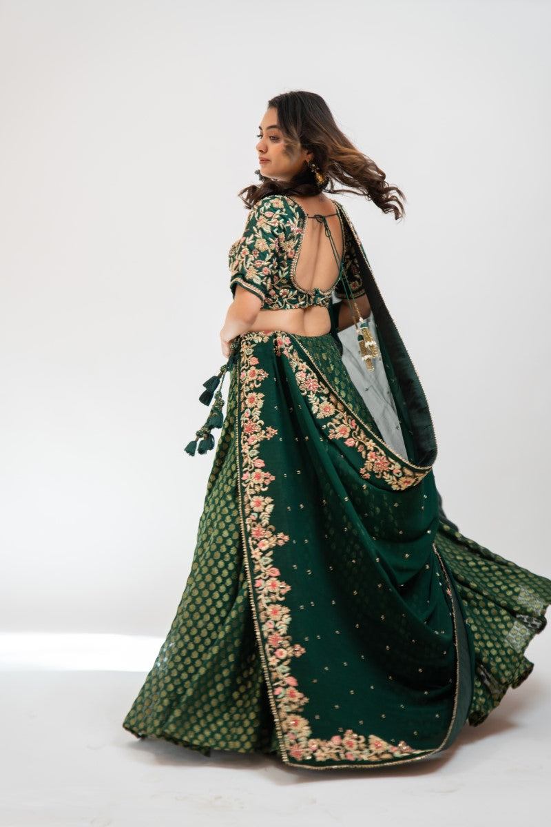 Bottle green brocade lehenga set