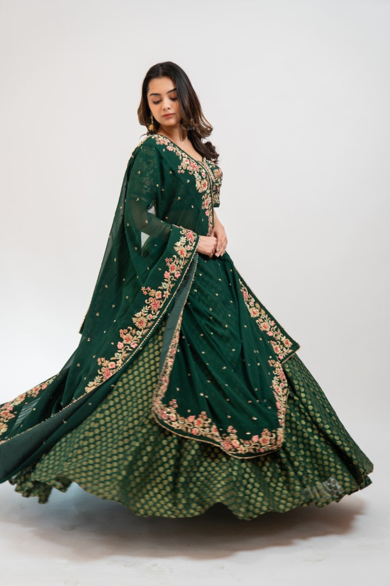 Bottle green brocade lehenga set