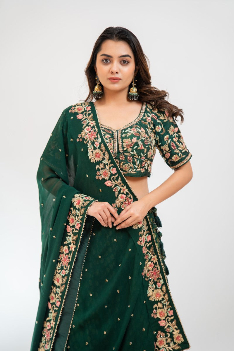 Bottle green brocade lehenga set