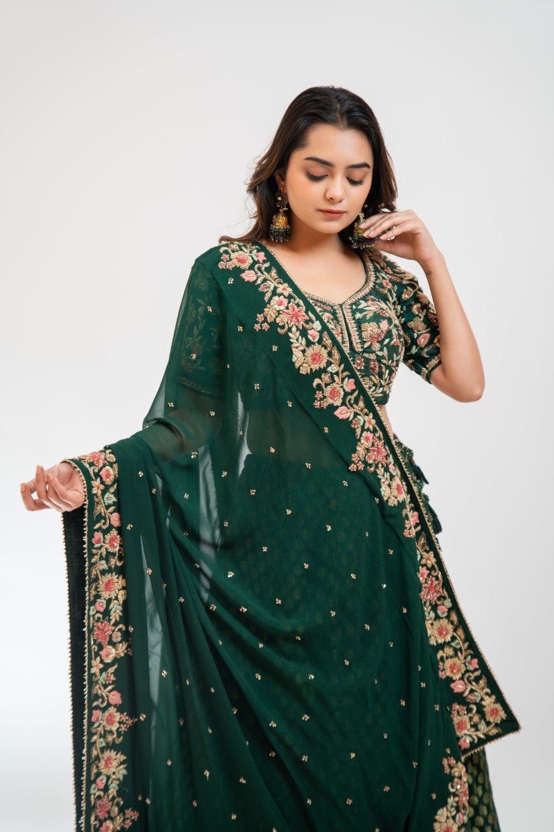 Bottle green brocade lehenga set