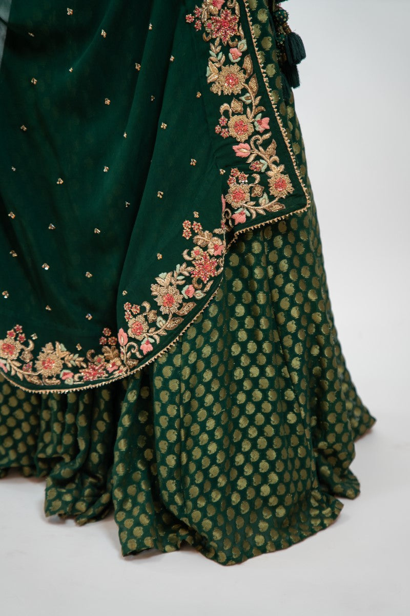 Bottle green brocade lehenga set