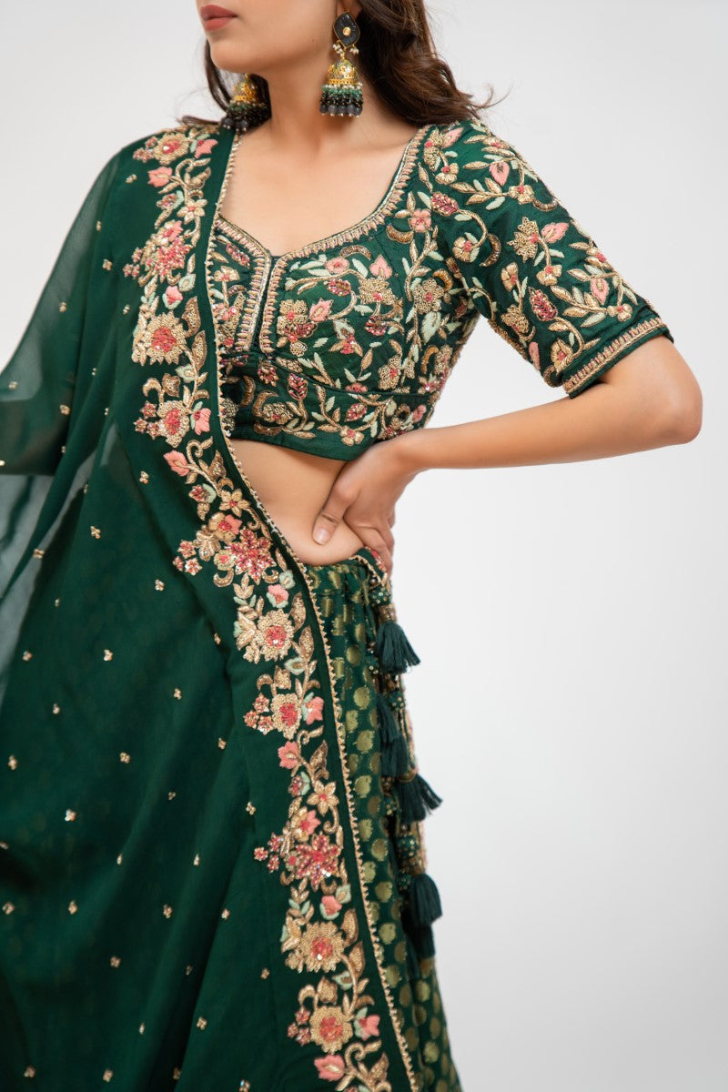 Bottle green brocade lehenga set