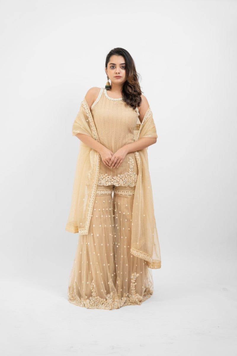 Cream embroidered sharara set