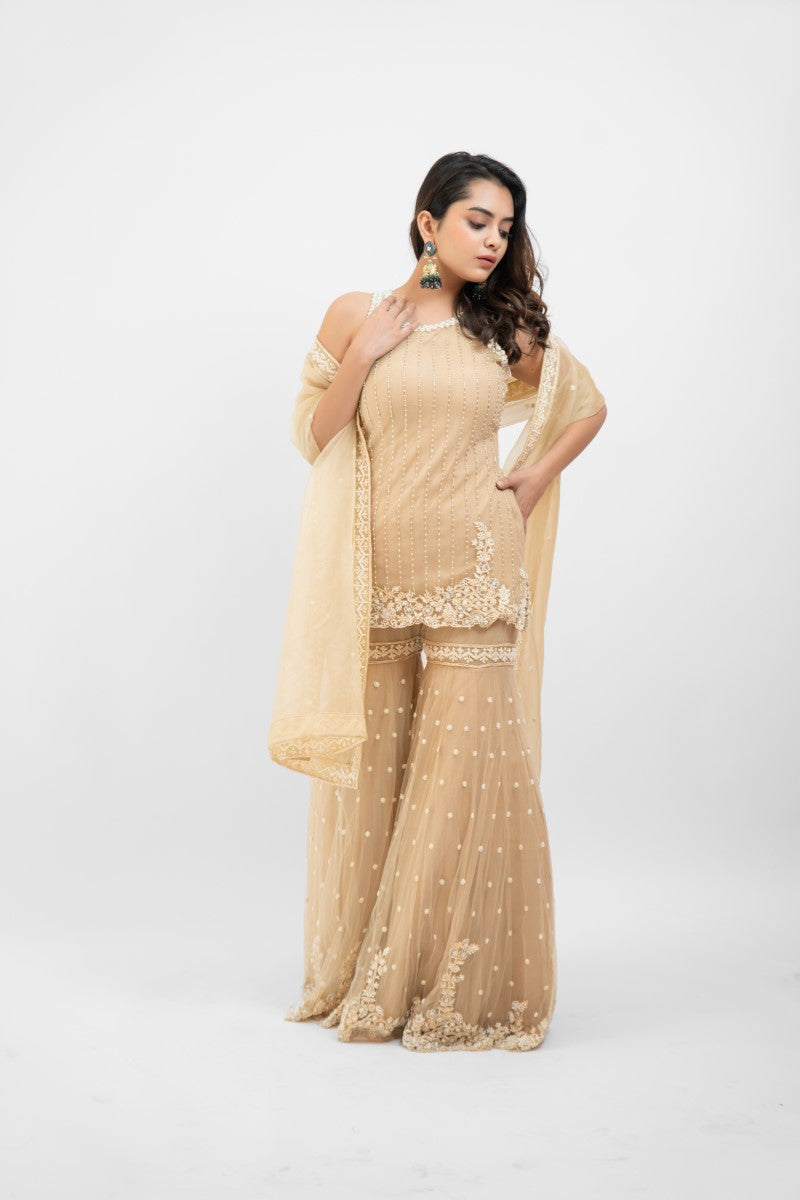 Cream embroidered sharara set