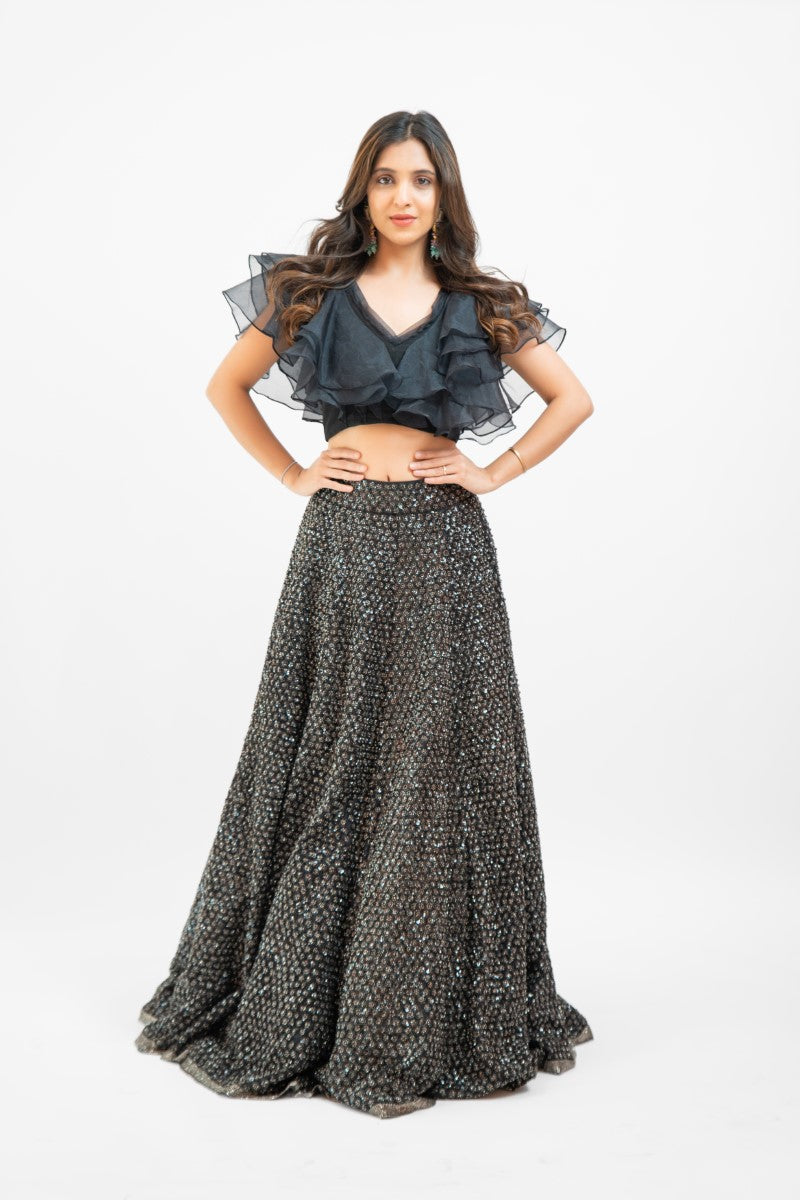 Black sequin lehenga with ruffle crop top