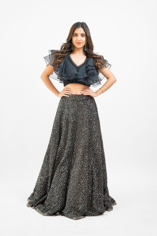 Black sequin lehenga with ruffle crop top