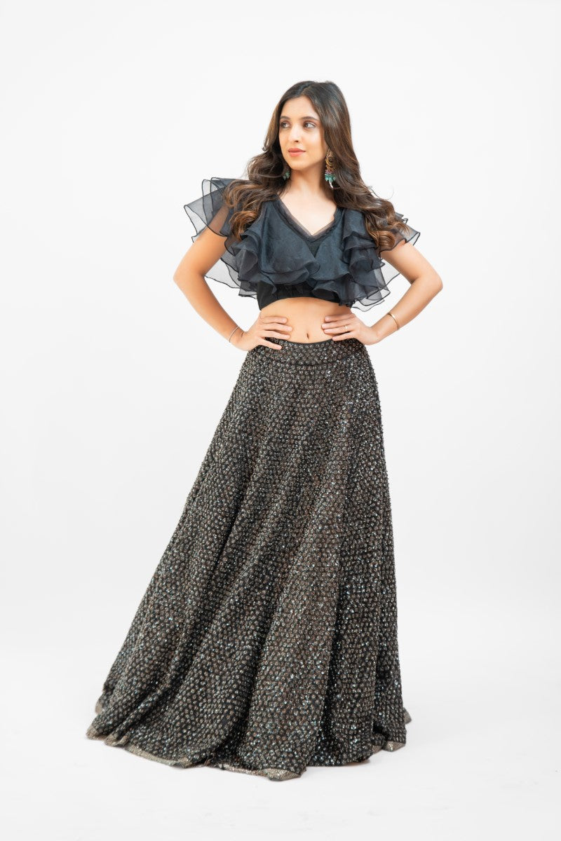 Black sequin lehenga with ruffle crop top