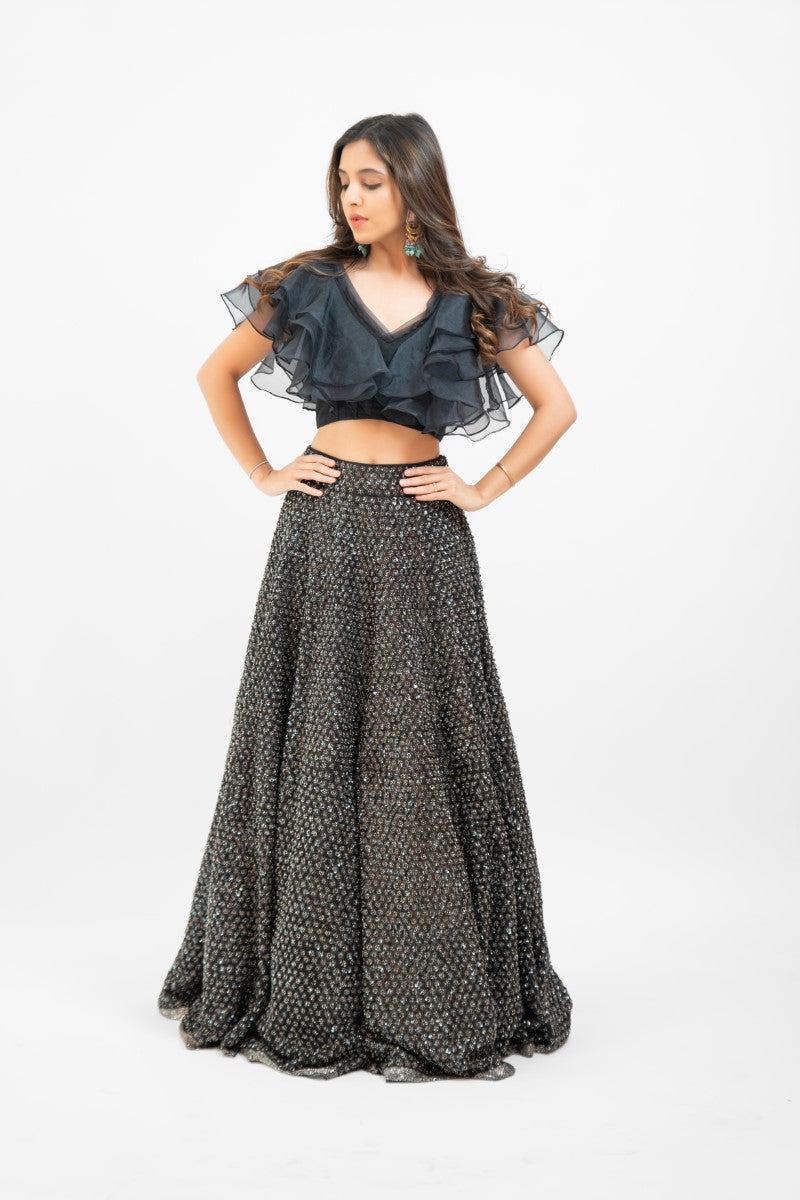 Black sequin lehenga with ruffle crop top