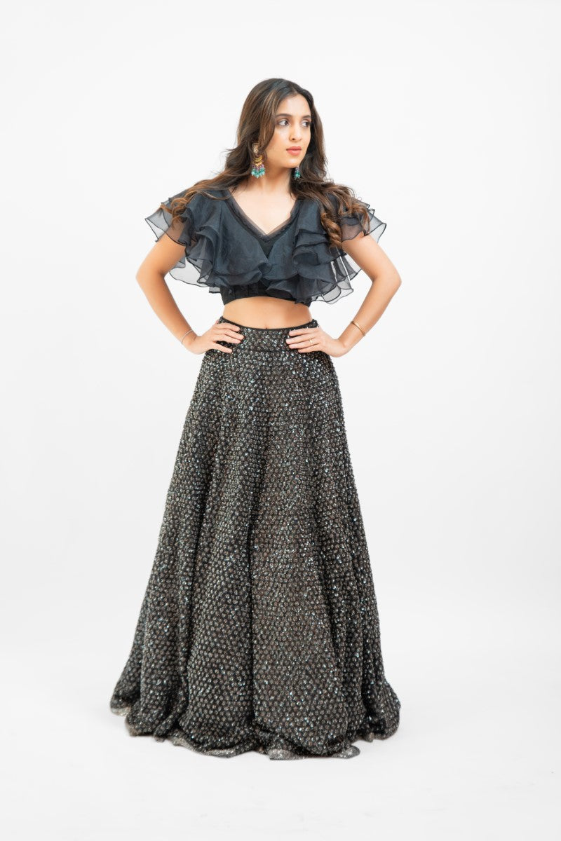 Black sequin lehenga with ruffle crop top