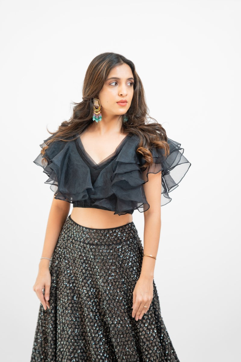 Black sequin lehenga with ruffle crop top