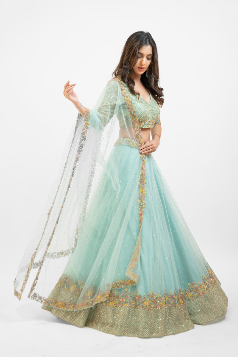 Sky blue Multi embroidered lehenga set