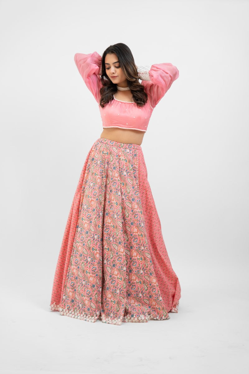 Pink printed lehenga with pearl work blouse