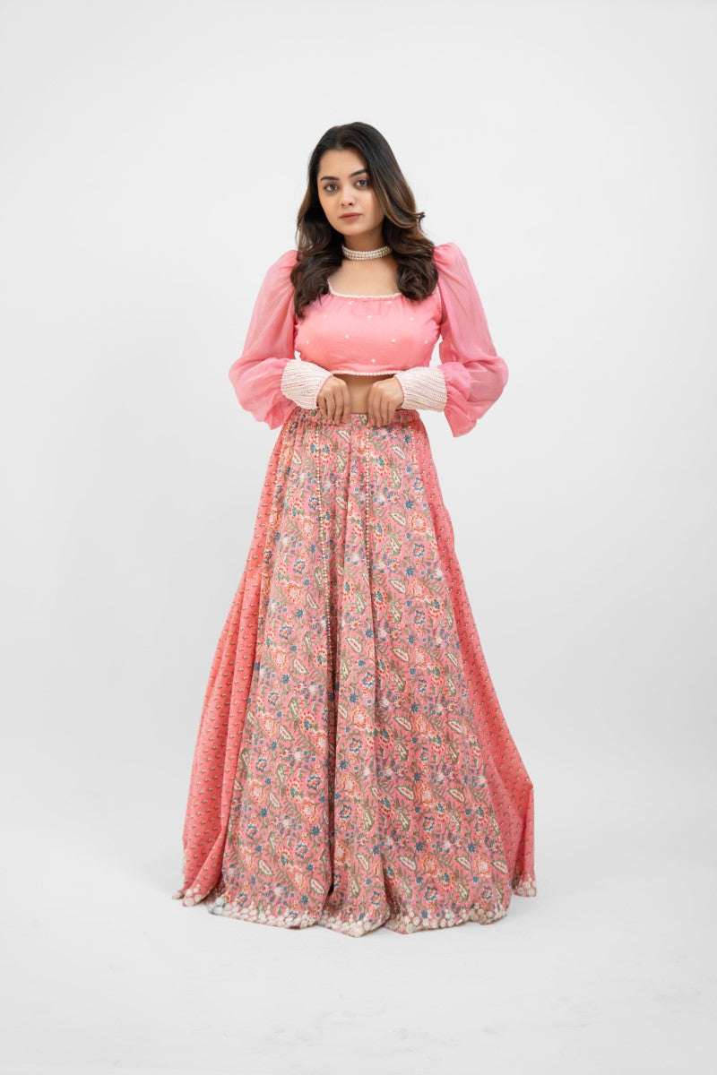 Pink printed lehenga with pearl work blouse