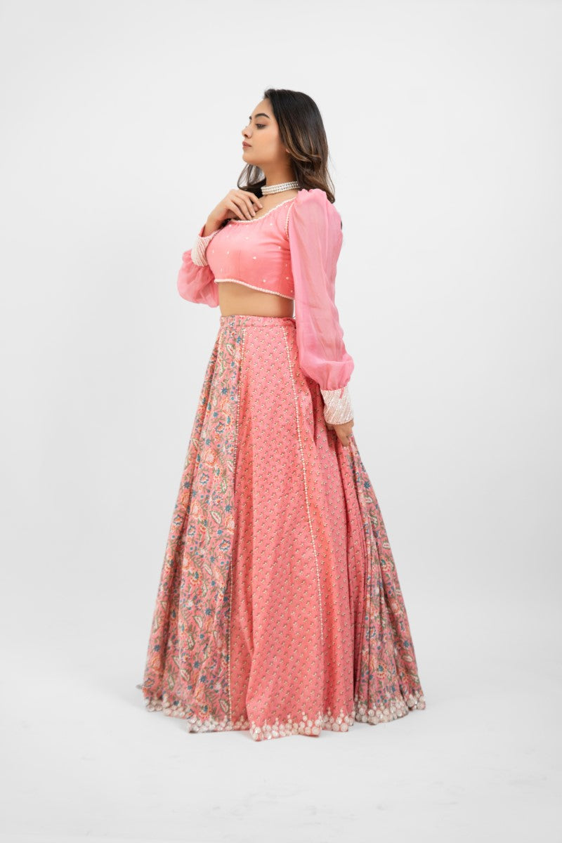 Pink printed lehenga with pearl work blouse