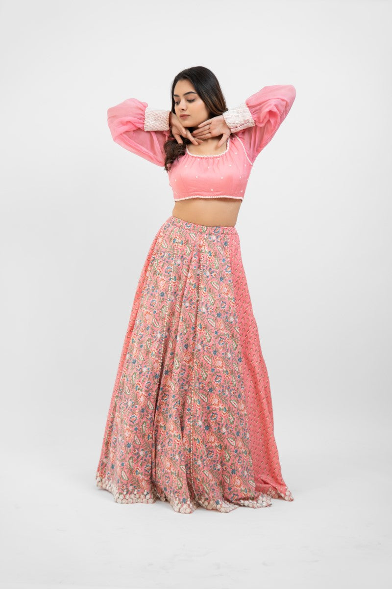 Pink printed lehenga with pearl work blouse