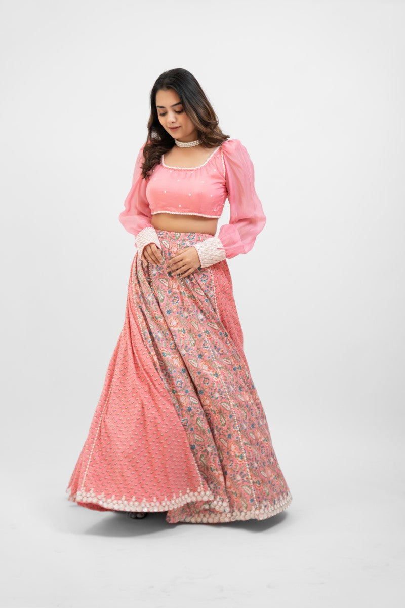 Pink printed lehenga with pearl work blouse