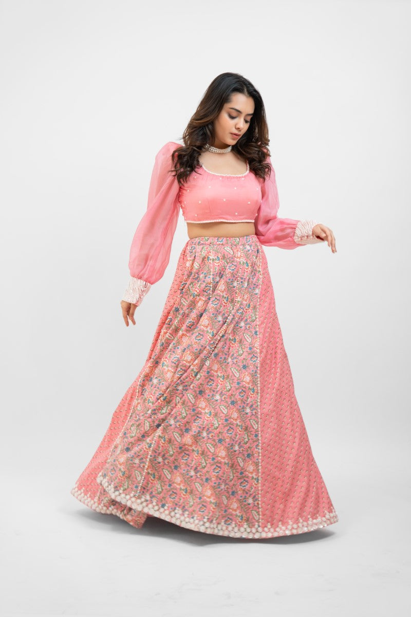 Pink printed lehenga with pearl work blouse