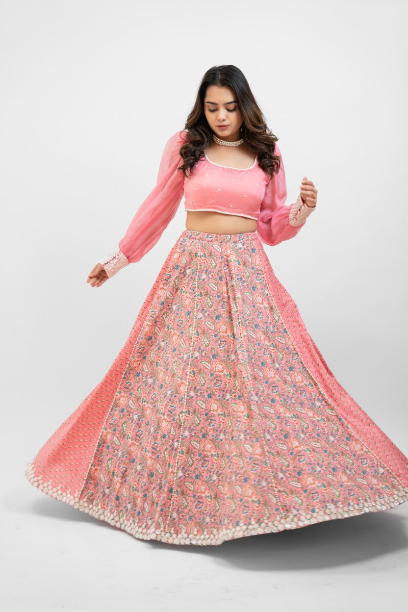 Pink printed lehenga with pearl work blouse