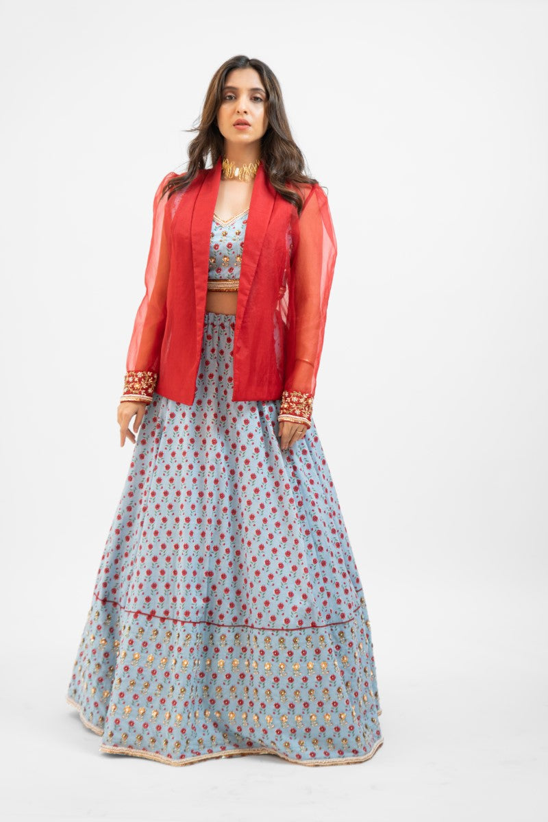 Powder blue printed lehenga set with Jacket