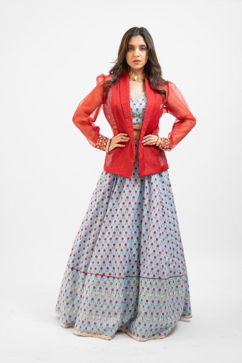 Powder blue printed lehenga set with Jacket