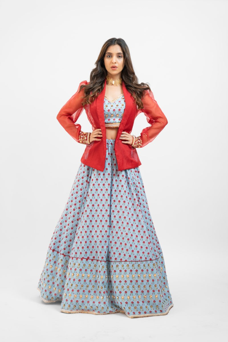 Powder blue printed lehenga set with Jacket