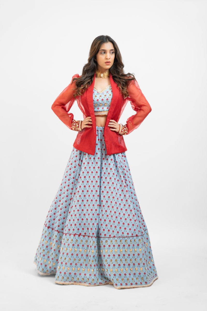 Powder blue printed lehenga set with Jacket