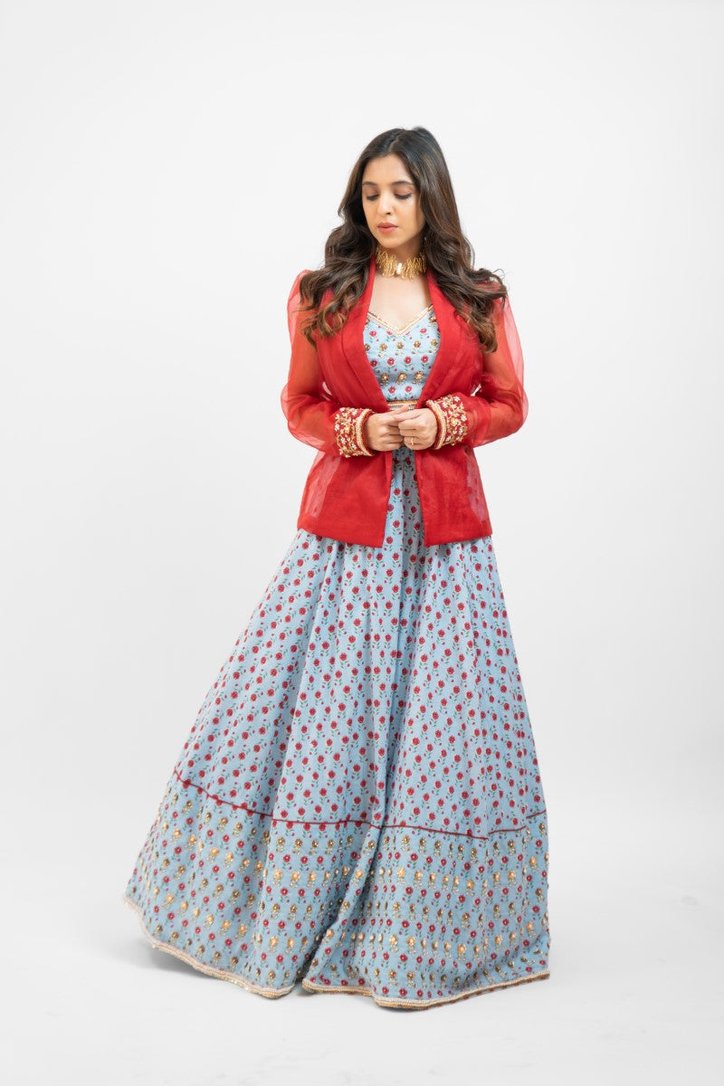 Powder blue printed lehenga set with Jacket