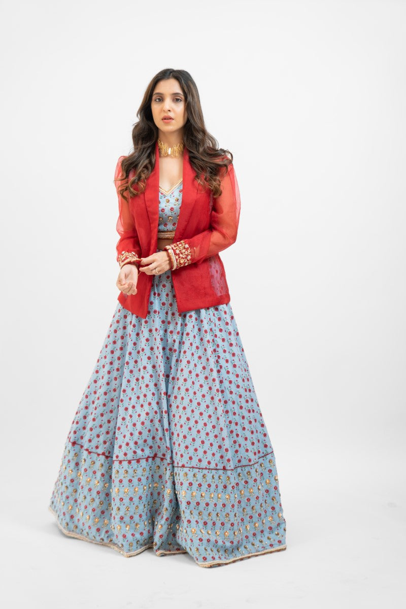 Powder blue printed lehenga set with Jacket