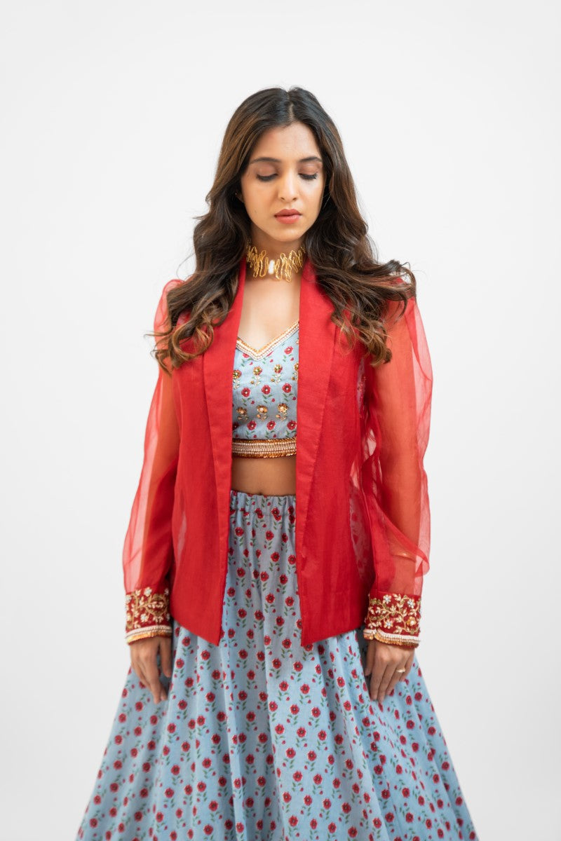 Powder blue printed lehenga set with Jacket