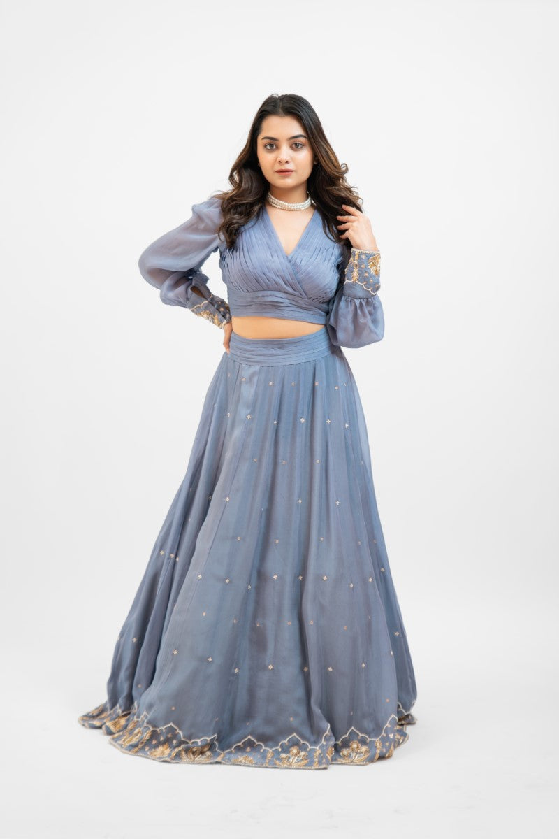 Greyish blue embroidered lehenga