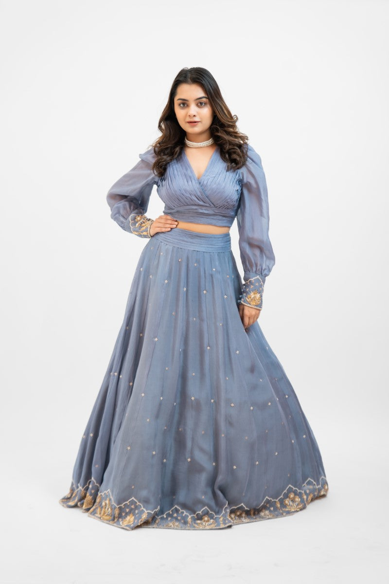 Greyish blue embroidered lehenga