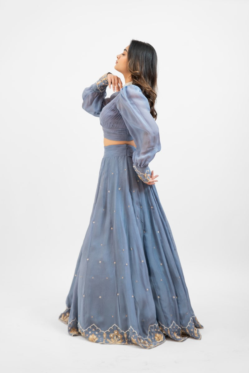 Greyish blue embroidered lehenga