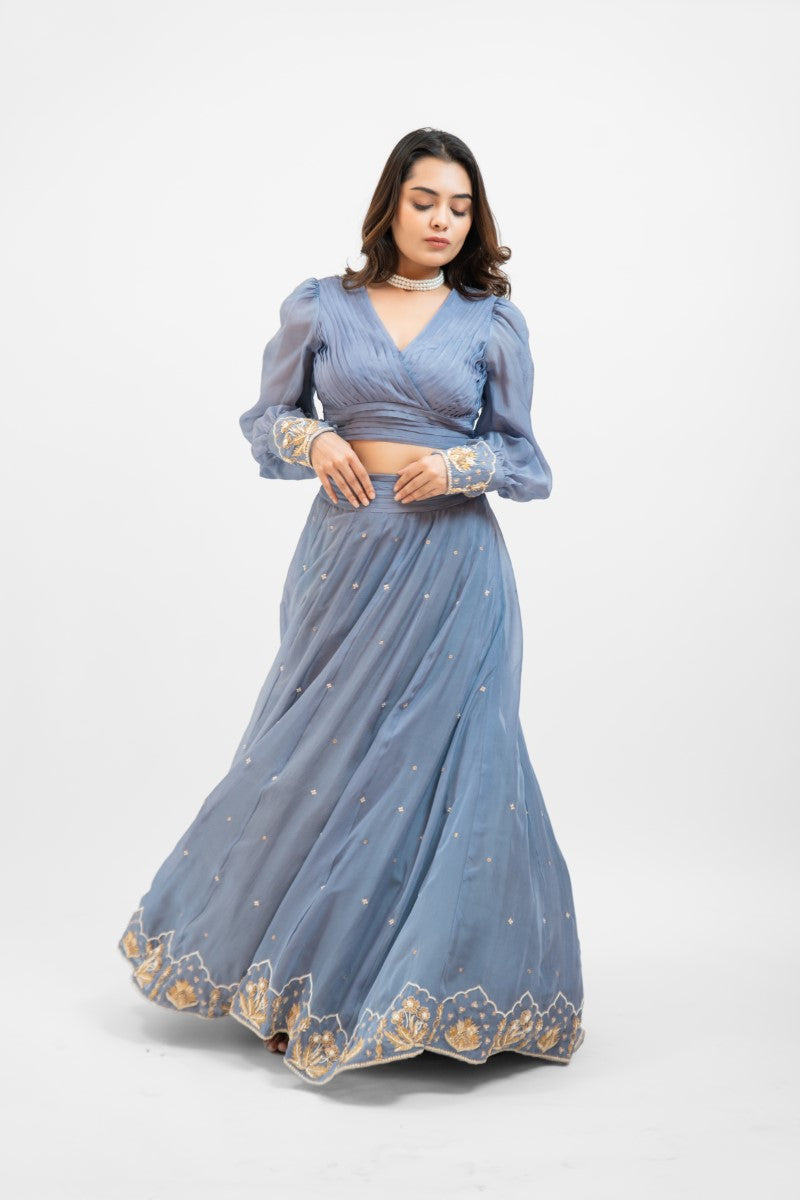 Greyish blue embroidered lehenga