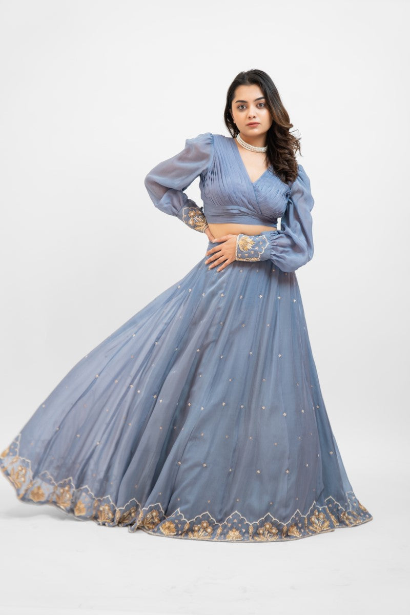 Greyish blue embroidered lehenga