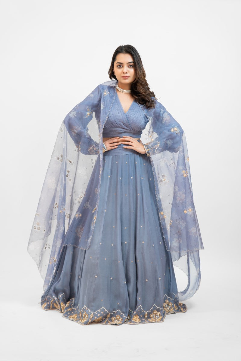 Greyish blue embroidered lehenga