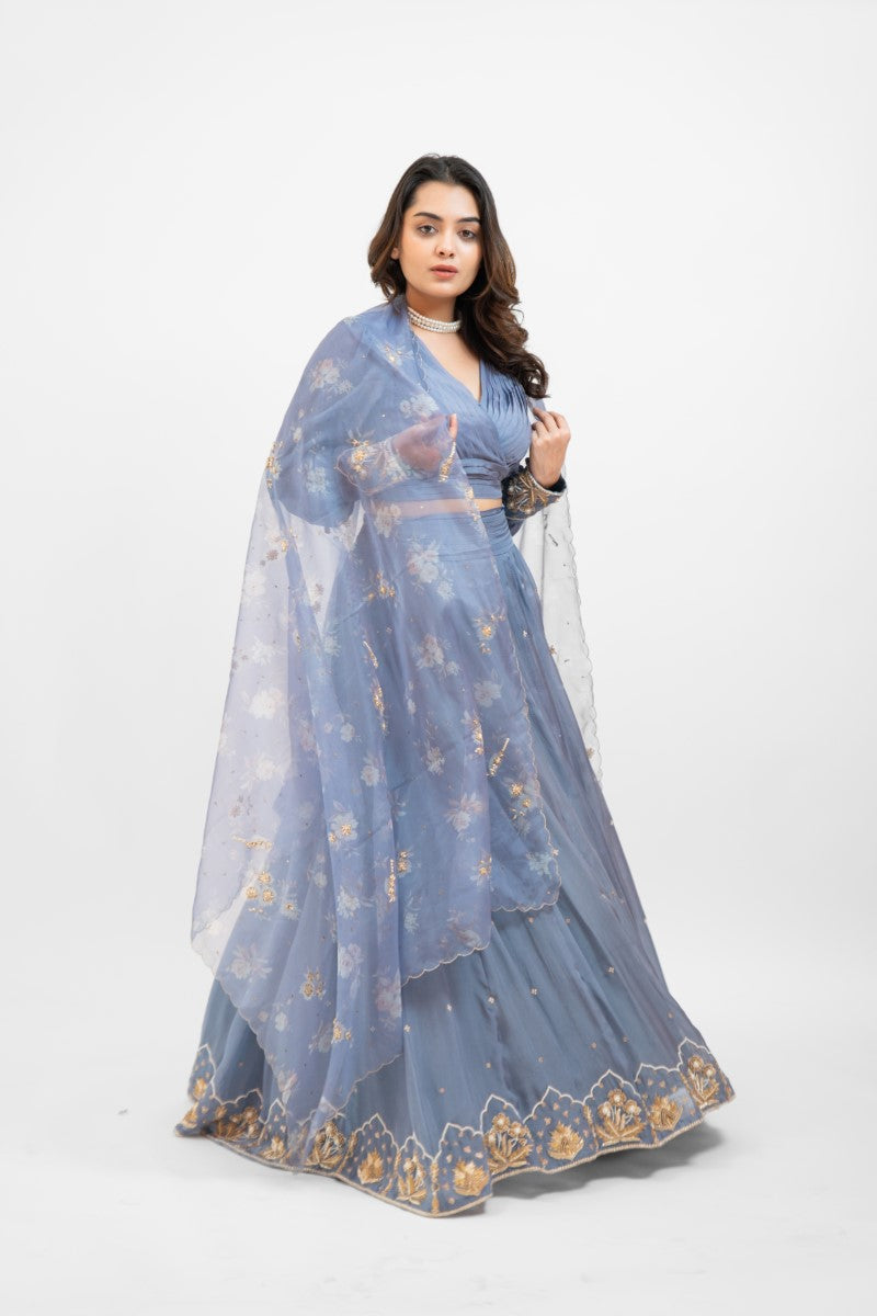 Greyish blue embroidered lehenga