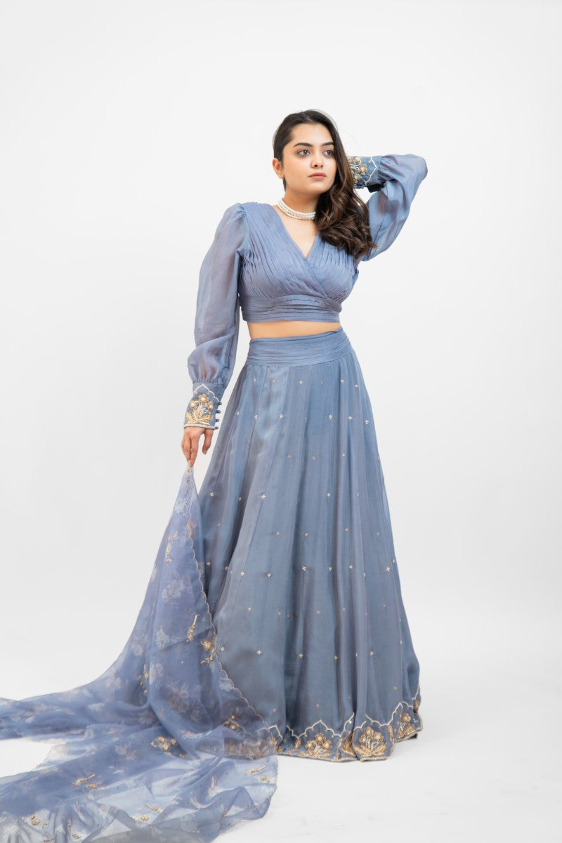 Greyish blue embroidered lehenga