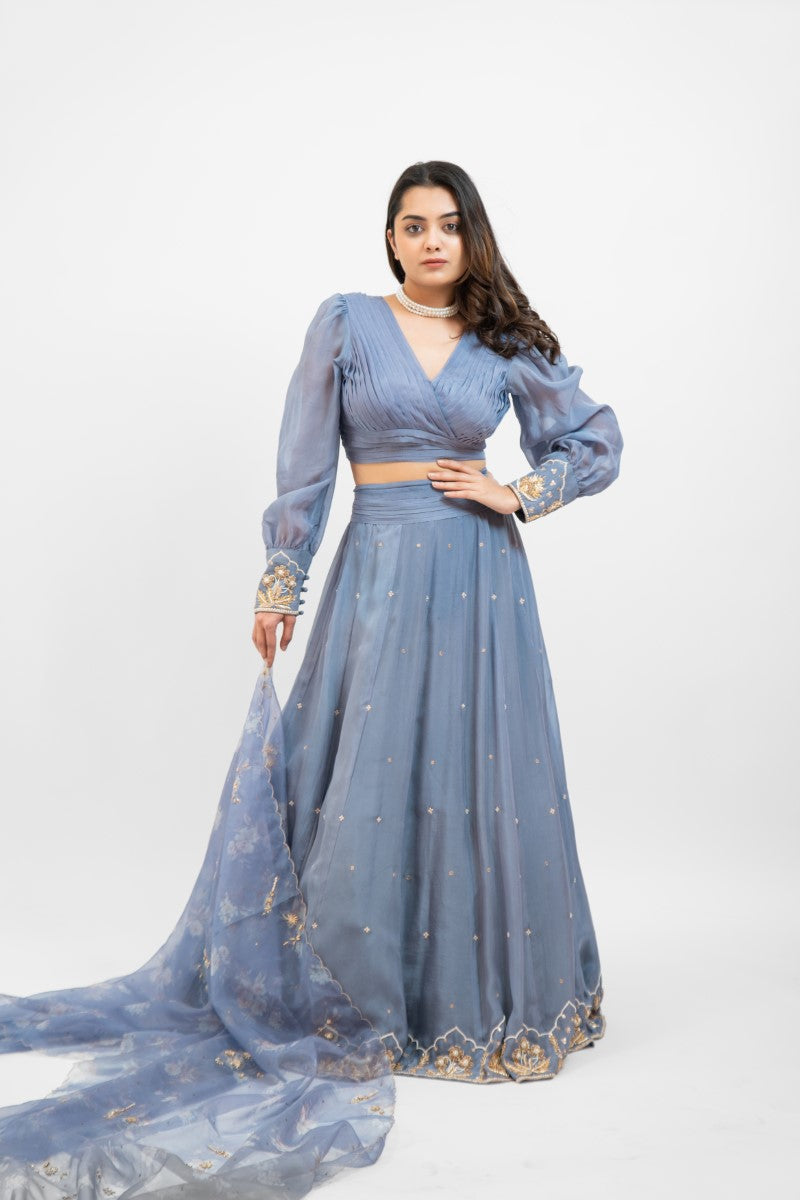 Greyish blue embroidered lehenga